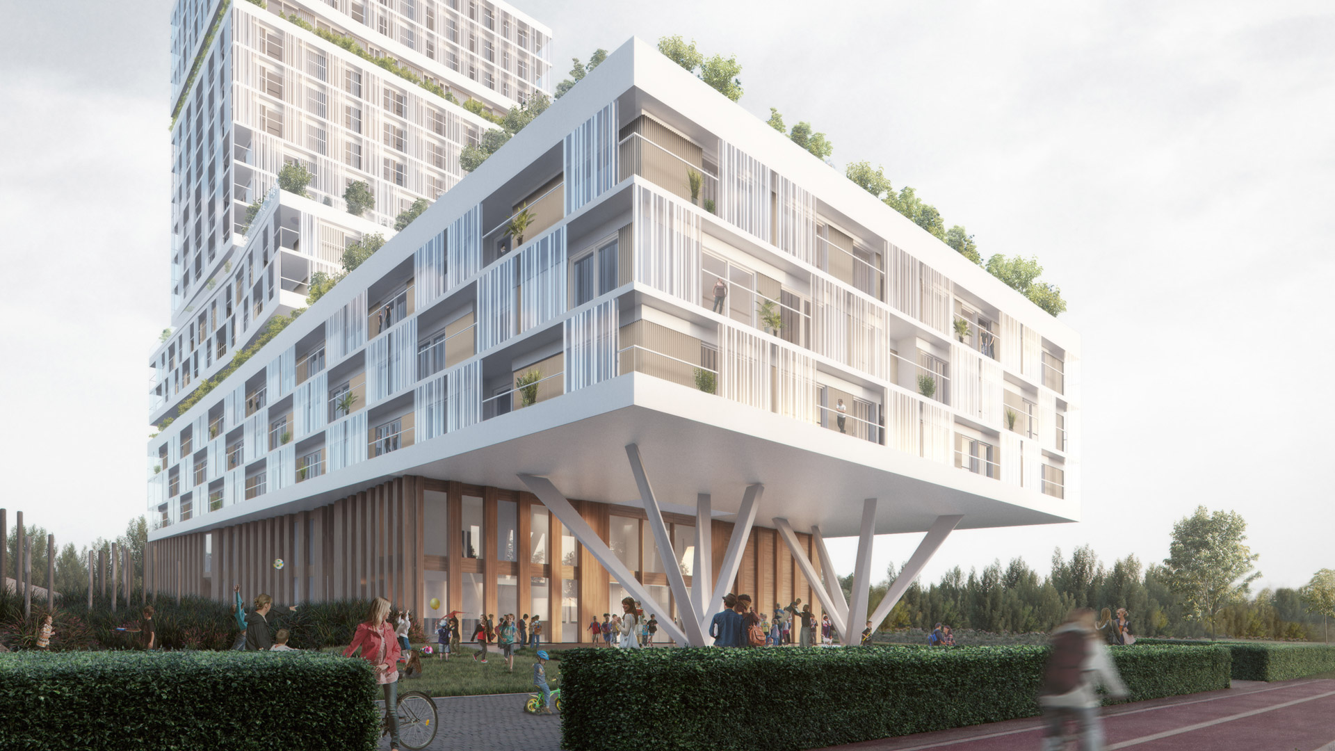 Floating Gardens schoolplein en fragment gevel