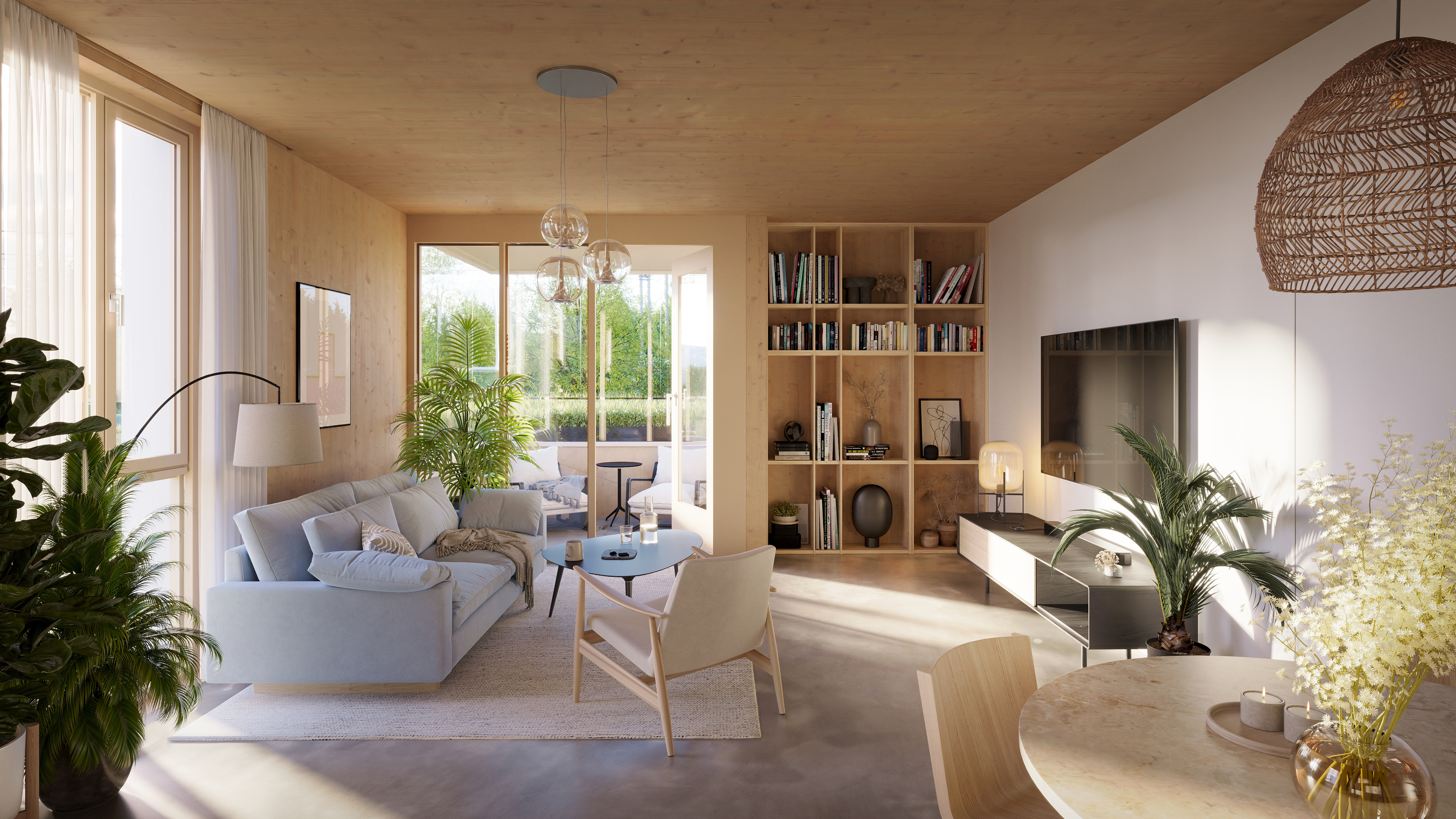 Woonkamer met hout in het zicht, appartementengebouw Knoest